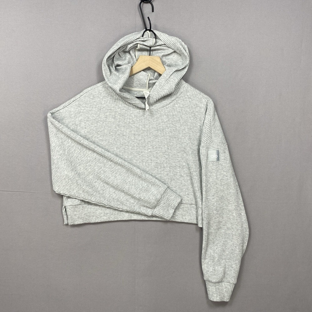 Alo Yoga Muse Hoodie Womens M Heather Gray Ribbed Cropped Pullover